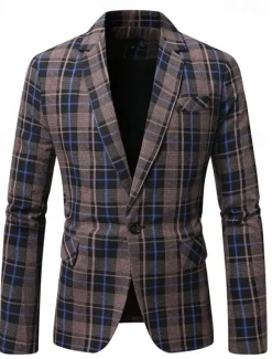 Clearance OUKU Men's Graduation Blazer Business Cocktail Party Wedding Party Fashion Casual Spring Autumn / Fall Polyester Plaid Pocket Buttons Comfortable Single Breasted Blazer Black Brown Coffee Gray