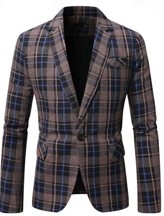 Clearance OUKU Men's Graduation Blazer Business Cocktail Party Wedding Party Fashion Casual Spring Autumn / Fall Polyester Plaid Pocket Buttons Comfortable Single Breasted Blazer Black Brown Coffee Gray