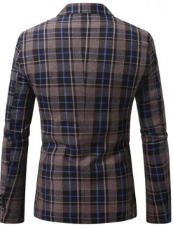Clearance OUKU Men's Graduation Blazer Business Cocktail Party Wedding Party Fashion Casual Spring Autumn / Fall Polyester Plaid Pocket Buttons Comfortable Single Breasted Blazer Black Brown Coffee Gray