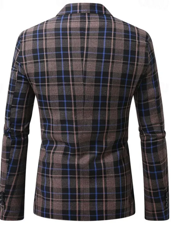 Clearance OUKU Men's Graduation Blazer Business Cocktail Party Wedding Party Fashion Casual Spring Autumn / Fall Polyester Plaid Pocket Buttons Comfortable Single Breasted Blazer Black Brown Coffee Gray