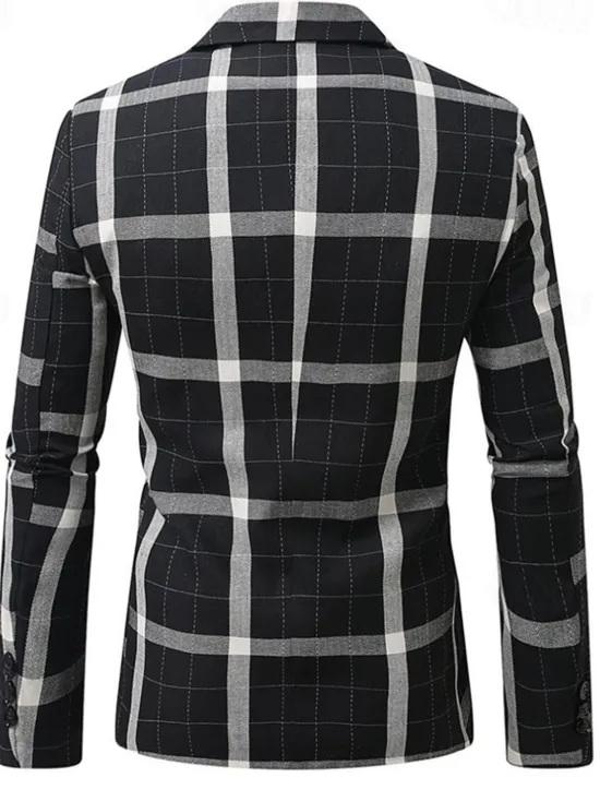 Clearance OUKU Men's Graduation Blazer Business Cocktail Party Wedding Party Fashion Casual Spring Autumn / Fall Polyester Plaid Pocket Buttons Comfortable Single Breasted Blazer Black Brown Coffee Gray