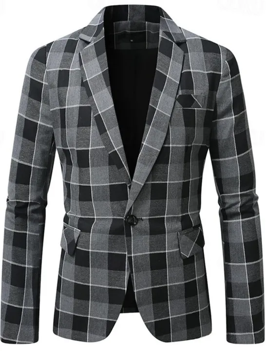 Clearance OUKU Men's Graduation Blazer Business Cocktail Party Wedding Party Fashion Casual Spring Autumn / Fall Polyester Plaid Pocket Buttons Comfortable Single Breasted Blazer Black Brown Coffee Gray
