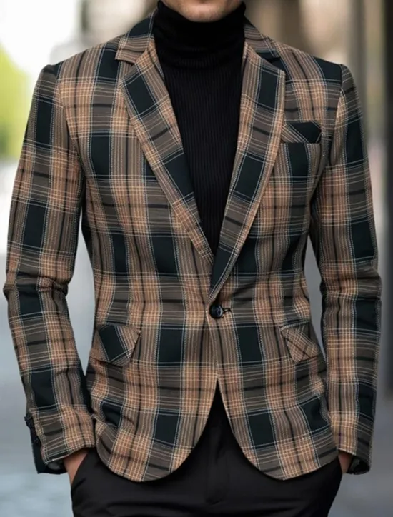 Clearance OUKU Men's Graduation Blazer Business Cocktail Party Wedding Party Fashion Casual Spring Autumn / Fall Polyester Plaid Pocket Buttons Comfortable Single Breasted Blazer Black Brown Coffee Gray
