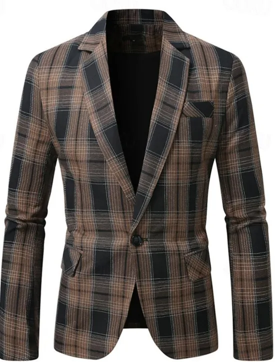 Clearance OUKU Men's Graduation Blazer Business Cocktail Party Wedding Party Fashion Casual Spring Autumn / Fall Polyester Plaid Pocket Buttons Comfortable Single Breasted Blazer Black Brown Coffee Gray