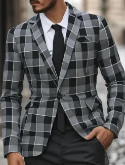 Sale OUKU Men's Graduation Blazer Business Cocktail Party Wedding Party Fashion Casual Spring Autumn / Fall Polyester Plaid Pocket Buttons Comfortable Single Breasted Blazer Gray