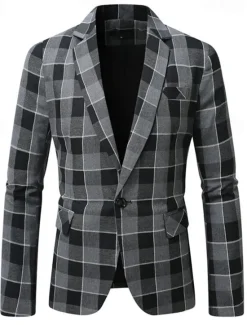 Sale OUKU Men's Graduation Blazer Business Cocktail Party Wedding Party Fashion Casual Spring Autumn / Fall Polyester Plaid Pocket Buttons Comfortable Single Breasted Blazer Gray