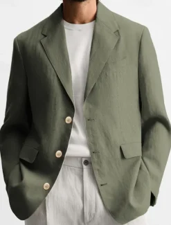 Clearance OUKU Men's Graduation Blazer Business Cocktail Party Wedding Party Fashion Casual Spring Autumn / Fall Linen Solid Color Pocket Buttons Comfortable Single Breasted Blazer Black Brown khaki Army Green