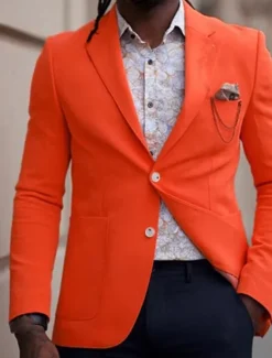 Best OUKU Men's Graduation Blazer Business Cocktail Party Wedding Party Fashion Casual Spring Fall Polyester Plain Pocket Buttons Comfortable Single Breasted Blazer Orange Light Blue