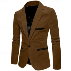 OUKU Men's Graduation Blazer Business Cocktail Party Wedding Party Fashion Casual Spring & Fall Corduroy Solid Color Pocket Buttons Comfortable Single Breasted Blazer Burgundy khaki