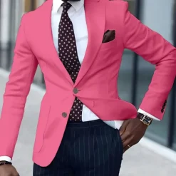 Hot OUKU Men's Graduation Blazer Business Cocktail Party Wedding Party Fashion Casual Spring & Fall Polyester Solid Color Pocket Buttons Comfortable Single Breasted Blazer Light Pink White Yellow Pink