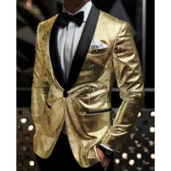 Clearance OUKU Men's Graduation Blazer Business Cocktail Party Wedding Party Fashion Casual Spring & Fall Polyester Sequin Pocket Buttons Comfortable Single Breasted Blazer Silver Black Burgundy Royal Blue
