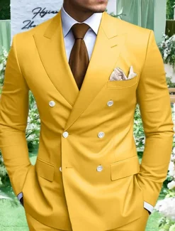 Clearance OUKU Men's Graduation Blazer Business Cocktail Party Wedding Party Fashion Casual Spring Fall Polyester Plain Pocket Buttons Comfortable Double Breasted Blazer White Yellow Purple Light Blue