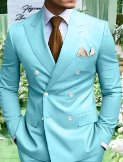 Clearance OUKU Men's Graduation Blazer Business Cocktail Party Wedding Party Fashion Casual Spring Fall Polyester Plain Pocket Buttons Comfortable Double Breasted Blazer White Yellow Purple Light Blue