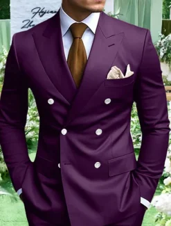 Clearance OUKU Men's Graduation Blazer Business Cocktail Party Wedding Party Fashion Casual Spring Fall Polyester Plain Pocket Buttons Comfortable Double Breasted Blazer White Yellow Purple Light Blue