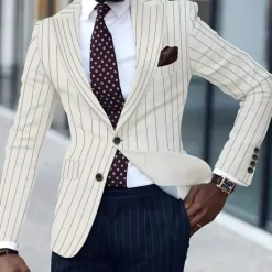 Discount OUKU Men's Graduation Blazer Business Cocktail Party Wedding Party Fashion Casual Spring & Fall Polyester Stripes Pocket Buttons Comfortable Single Breasted Blazer Black White Yellow Pink