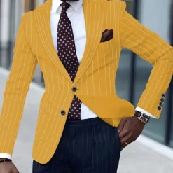 Discount OUKU Men's Graduation Blazer Business Cocktail Party Wedding Party Fashion Casual Spring & Fall Polyester Stripes Pocket Buttons Comfortable Single Breasted Blazer Black White Yellow Pink