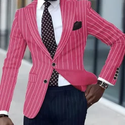 Discount OUKU Men's Graduation Blazer Business Cocktail Party Wedding Party Fashion Casual Spring & Fall Polyester Stripes Pocket Buttons Comfortable Single Breasted Blazer Black White Yellow Pink