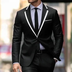 Discount OUKU Men's Graduation Blazer Business Cocktail Party Wedding Party Fashion Casual Spring & Fall Polyester Color Block Pocket Buttons Comfortable Single Breasted Blazer Black
