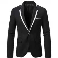 Discount OUKU Men's Graduation Blazer Business Cocktail Party Wedding Party Fashion Casual Spring & Fall Polyester Color Block Pocket Buttons Comfortable Single Breasted Blazer Black