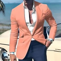 OUKU Men's Graduation Blazer Business Cocktail Party Wedding Party Fashion Casual Spring & Fall Polyester Linen Plain Pocket Buttons Comfortable Single Breasted One-button Blazer Light Pink Yellow Pink