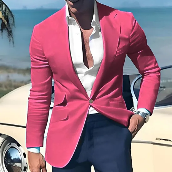 OUKU Men's Graduation Blazer Business Cocktail Party Wedding Party Fashion Casual Spring & Fall Polyester Linen Plain Pocket Buttons Comfortable Single Breasted One-button Blazer Light Pink Yellow Pink