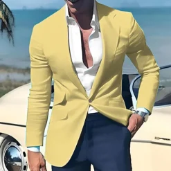 OUKU Men's Graduation Blazer Business Cocktail Party Wedding Party Fashion Casual Spring & Fall Polyester Linen Plain Pocket Buttons Comfortable Single Breasted One-button Blazer Light Pink Yellow Pink