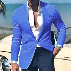 OUKU Men's Graduation Blazer Business Cocktail Party Wedding Party Fashion Casual Spring & Fall Polyester Linen Plain Pocket Buttons Comfortable Single Breasted One-button Blazer Light Pink Yellow Pink