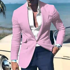 OUKU Men's Graduation Blazer Business Cocktail Party Wedding Party Fashion Casual Spring & Fall Polyester Linen Plain Pocket Buttons Comfortable Single Breasted One-button Blazer Light Pink Yellow Pink