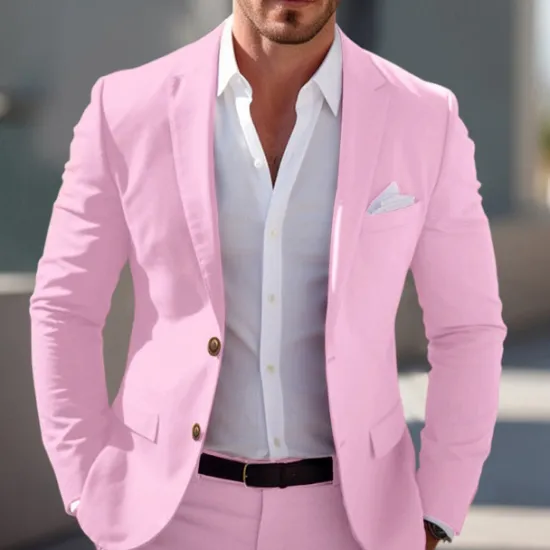 Online OUKU Men's Graduation Blazer Business Cocktail Party Wedding Party Fashion Casual Spring & Fall Polyester Solid Color Pocket Buttons Comfortable Single Breasted Blazer Light Pink Yellow Pink Royal Blue