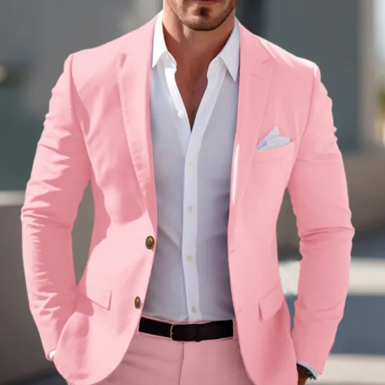 Online OUKU Men's Graduation Blazer Business Cocktail Party Wedding Party Fashion Casual Spring & Fall Polyester Solid Color Pocket Buttons Comfortable Single Breasted Blazer Light Pink Yellow Pink Royal Blue