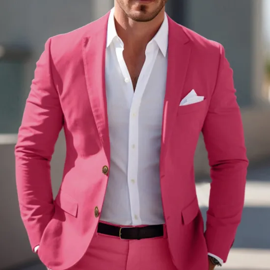 Online OUKU Men's Graduation Blazer Business Cocktail Party Wedding Party Fashion Casual Spring & Fall Polyester Solid Color Pocket Buttons Comfortable Single Breasted Blazer Light Pink Yellow Pink Royal Blue