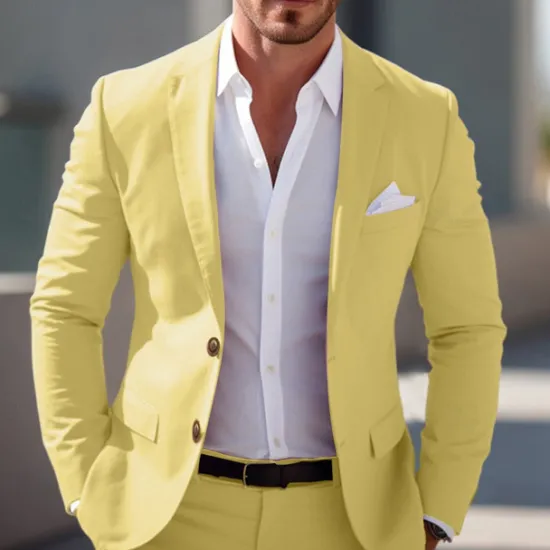 Online OUKU Men's Graduation Blazer Business Cocktail Party Wedding Party Fashion Casual Spring & Fall Polyester Solid Color Pocket Buttons Comfortable Single Breasted Blazer Light Pink Yellow Pink Royal Blue