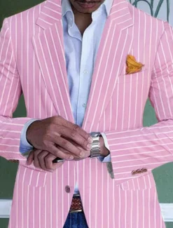 Best OUKU Men's Graduation Blazer Formal Evening Wedding Party Birthday Party Fashion Casual Spring & Fall 95% Polyester 5% Spandex Stripes Pocket Casual / Daily Single Breasted Blazer Pink Blue Orange Green