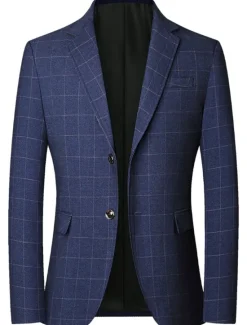 Hot OUKU Men's Graduation Cocktail Attire Blazer Business Formal Evening Classic & Timeless Spring Fall Polyester Plaid Checkered Formal Style Wedding Single Breasted Two-button Blazer Black Dark Blue