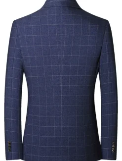 Hot OUKU Men's Graduation Cocktail Attire Blazer Business Formal Evening Classic & Timeless Spring Fall Polyester Plaid Checkered Formal Style Wedding Single Breasted Two-button Blazer Black Dark Blue
