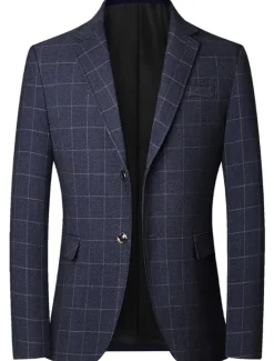 Hot OUKU Men's Graduation Cocktail Attire Blazer Business Formal Evening Classic & Timeless Spring Fall Polyester Plaid Checkered Formal Style Wedding Single Breasted Two-button Blazer Black Dark Blue
