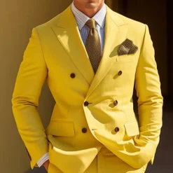 Sale OUKU Men's Graduation Cocktail Attire Blazer Business Wedding Party Fashion Casual Spring & Fall Polyester Plain Pocket Buttons Casual / Daily Double Breasted Blazer Yellow Burgundy Royal Blue khaki