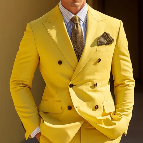 Sale OUKU Men's Graduation Cocktail Attire Blazer Business Wedding Party Fashion Casual Spring & Fall Polyester Plain Pocket Buttons Casual / Daily Double Breasted Blazer Yellow Burgundy Royal Blue khaki