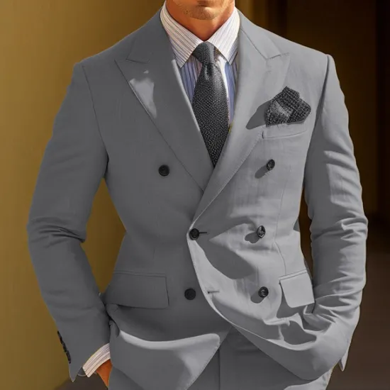 Sale OUKU Men's Graduation Cocktail Attire Blazer Business Wedding Party Fashion Casual Spring & Fall Polyester Plain Pocket Buttons Casual / Daily Double Breasted Blazer Yellow Burgundy Royal Blue khaki