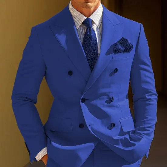 Sale OUKU Men's Graduation Cocktail Attire Blazer Business Wedding Party Fashion Casual Spring & Fall Polyester Plain Pocket Buttons Casual / Daily Double Breasted Blazer Yellow Burgundy Royal Blue khaki
