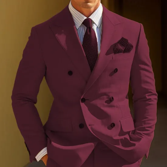 Sale OUKU Men's Graduation Cocktail Attire Blazer Business Wedding Party Fashion Casual Spring & Fall Polyester Plain Pocket Buttons Casual / Daily Double Breasted Blazer Yellow Burgundy Royal Blue khaki