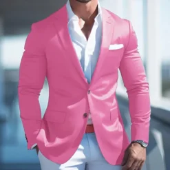 Online OUKU Men's Graduation Cocktail Attire Blazer Business Formal Evening Wedding Party Fashion Casual Spring & Fall Polyester Plain Pocket Casual / Daily Single Breasted Blazer Pink Blue Dark Blue