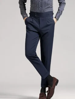 Best OUKU Men's Graduation Dress Pants Trousers Chinos Buttons Pocket Solid Color Comfort Formal Party Work Fashion Classic Style Black Navy Blue Micro-elastic