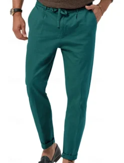 Clearance OUKU Men's Graduation Dress Pants Trousers Slacks Summer Pants Pocket Drawstring Elastic Waist Plain Comfort Breathable Vacation Holiday Casual Gray Green ArmyGreen
