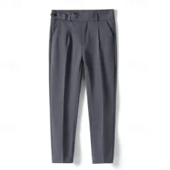 Online OUKU Men's Graduation Dress Pants Trousers Pleated Pants Suit Pants Pocket Straight Leg High Rise Plain Comfort Breathable Business Casual Elegant Vintage Black Khaki High Waist