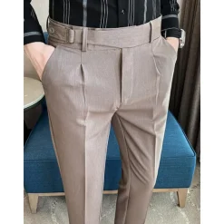 Online OUKU Men's Graduation Dress Pants Trousers Pleated Pants Suit Pants Pocket Straight Leg High Rise Plain Comfort Breathable Business Casual Elegant Vintage Black Khaki High Waist