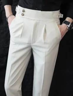 Discount OUKU Men's Graduation Dress Pants Naples Trousers Trousers Chinos Buttons Pocket Straight Leg Plain Comfort Formal Party Work Fashion Classic Style Black White Micro-elastic