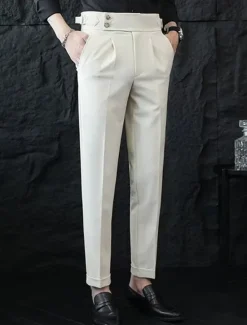 Discount OUKU Men's Graduation Dress Pants Naples Trousers Trousers Chinos Buttons Pocket Straight Leg Plain Comfort Formal Party Work Fashion Classic Style Black White Micro-elastic