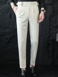 Discount OUKU Men's Graduation Dress Pants Naples Trousers Trousers Chinos Buttons Pocket Straight Leg Plain Comfort Formal Party Work Fashion Classic Style Black White Micro-elastic