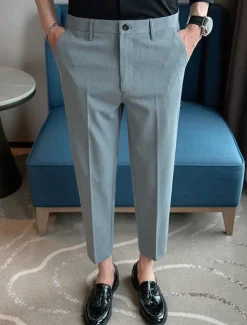 Best OUKU Men's Graduation Dress Pants Cropped Pants Buttons Pocket Plain Comfort Ankle-Length Formal Party Work Fashion Classic Style Black Navy Blue Micro-elastic